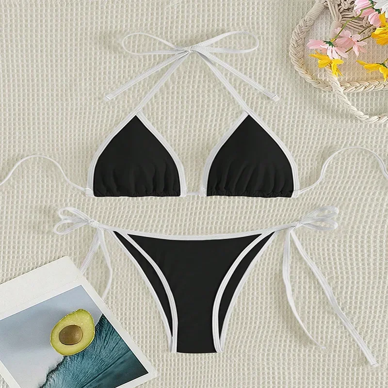 Sexy Contrasting Colors Micro String Bikinis Sets Swimsuit 2024 Women Halter Mini Thong Swimwear Biquinis Beachwear Bikini Mujer