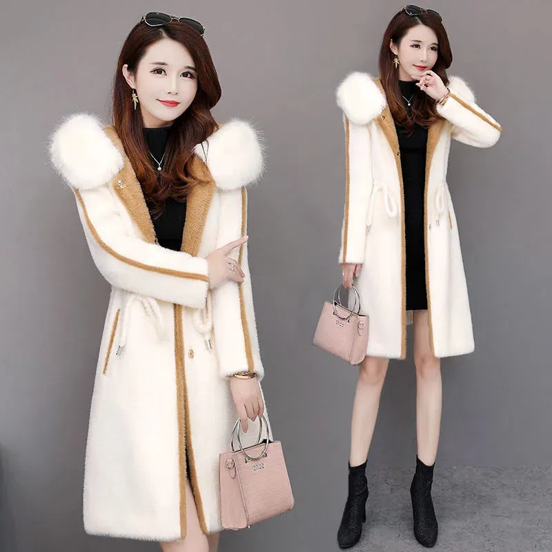 Imitation Mink Fleece Jackets Womens Autumn Winter Thicken Warm Hooded Woolen Coat High End Lady Gold Mink Velvet Wool Overcoat