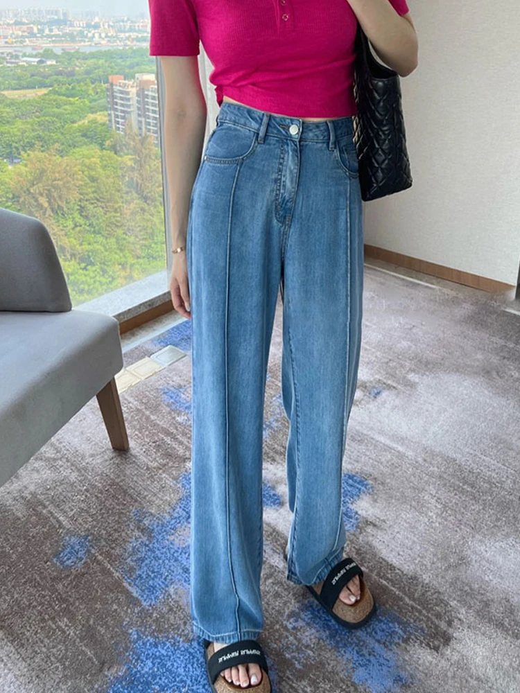 

Широкие джинсы с высокой талией, женские летние тонкие свободные прямые брюки большого размера, большие размеры мм, утягивающие драпированные брюки