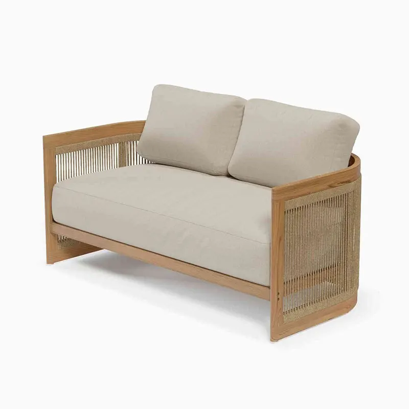 #Outdoor Teak Wood Sofa Set Light Natural Frame Vertical Slat Accents Round Coffee Table Beige Cushions Weather Resistant Patio