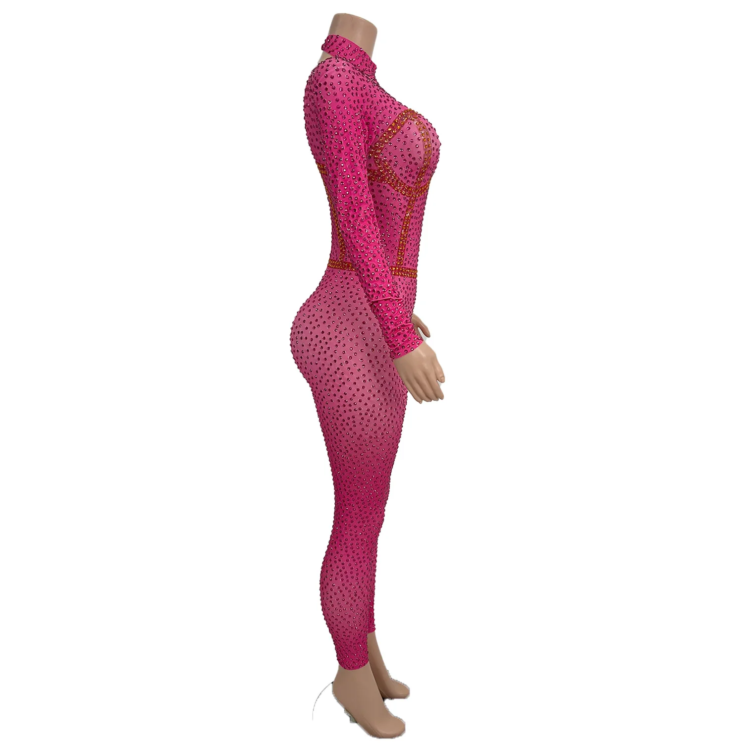 Flashing Pink Rhinestones Women Jumpsuit Skinny Dancer Performance Costume Stage Show Wear Party Nightclub Rompers Fenyekong