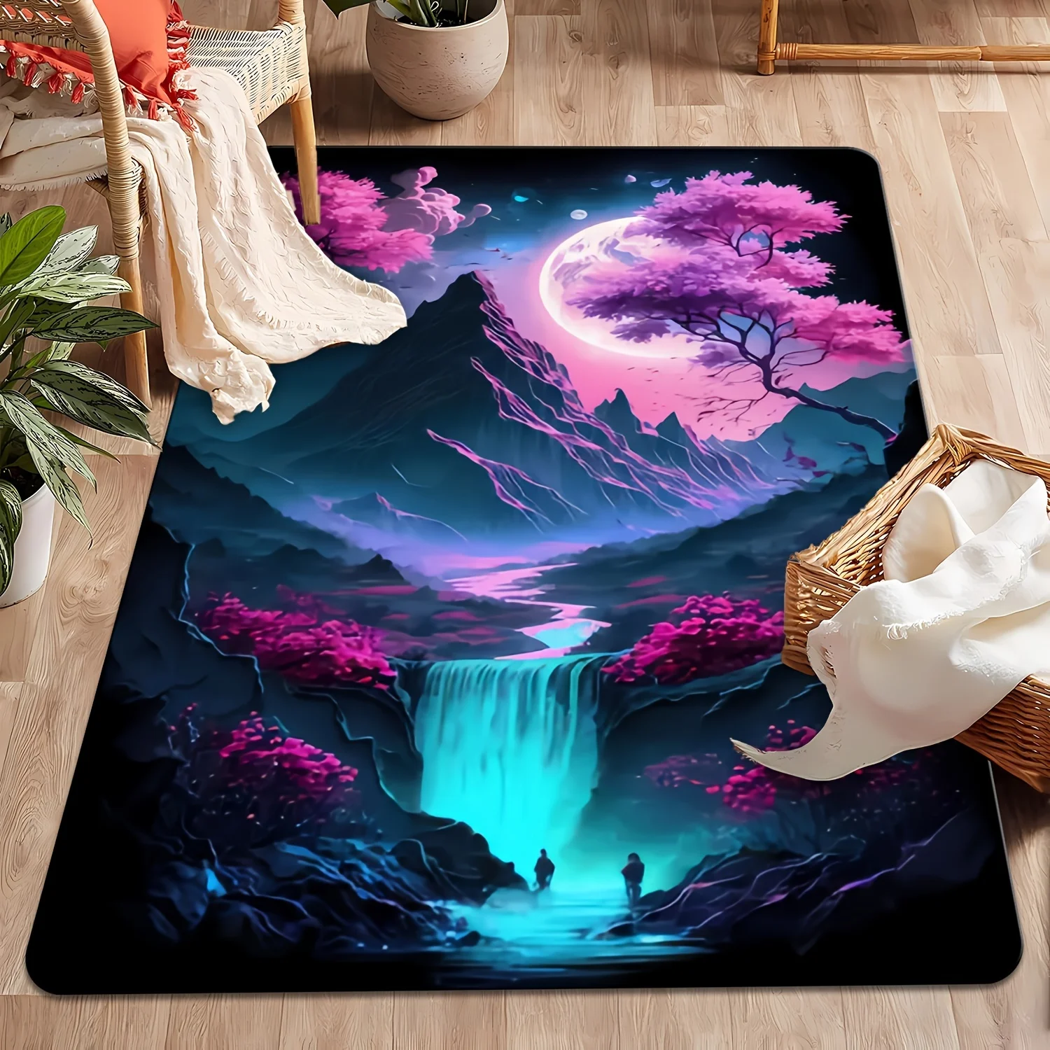 Vibrant Cosmic Fantasy Moon Waterfall Area Rug Gradient Surreal Boho Aesthetic Living Room Decor Carpet Mat