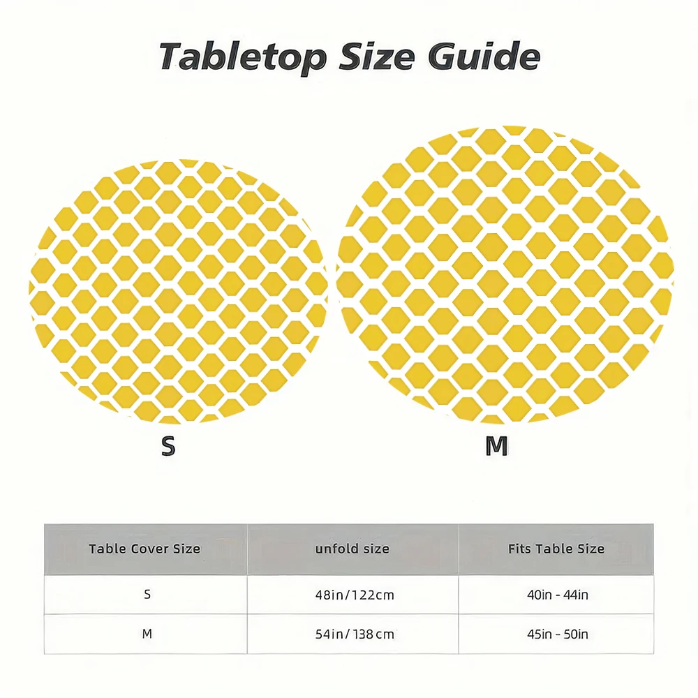 The round elastic tablecloth features a yellow and white hexagonal pattern. Made of polyester, it's suitable for indoor dining r