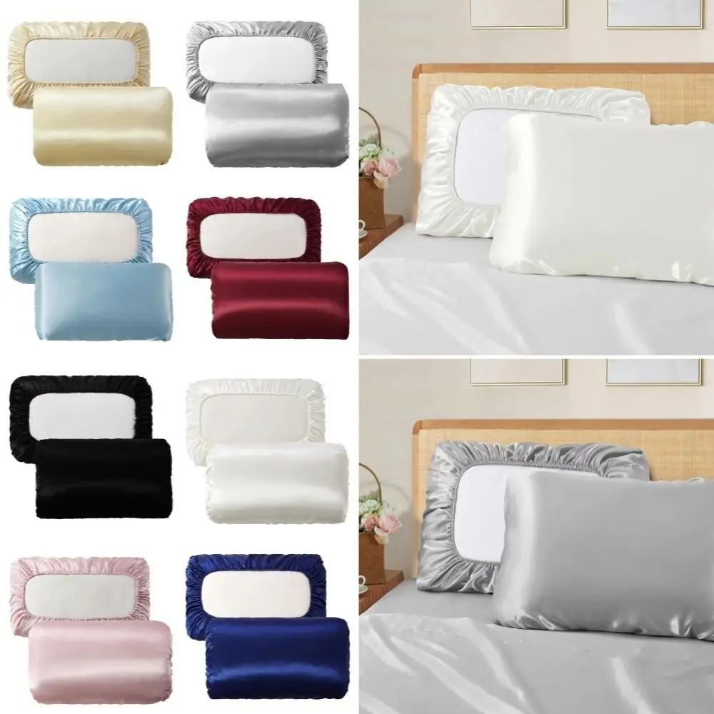 1Pair Elastic Band Satin Pillowcase Solid Color Luxury Silky Pillow Case Standard Queen Size Pillow Cover for Hair Protection