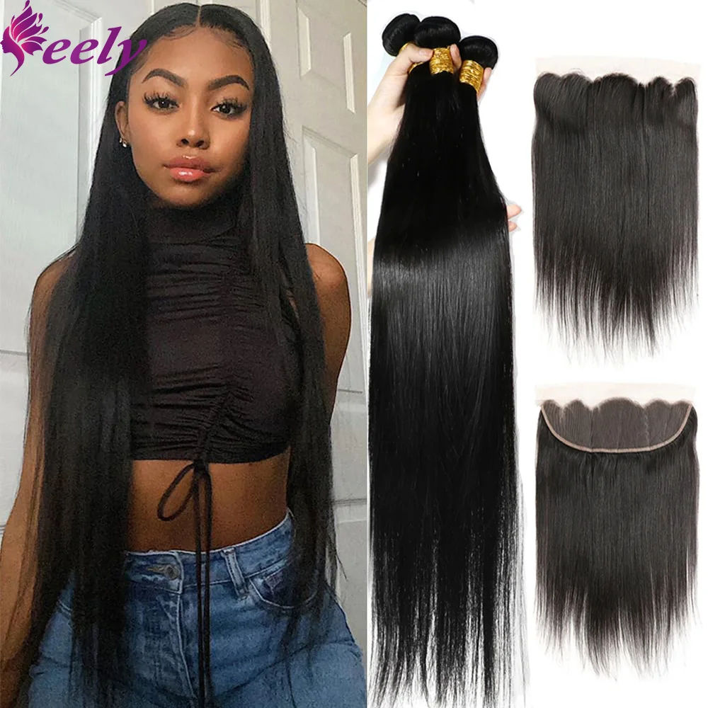 Straight Human Hair Bundles With Closure Natural Black Color #1B Brazilian Human Hair Bundles Extensions 20 22 24 Inch For Woman