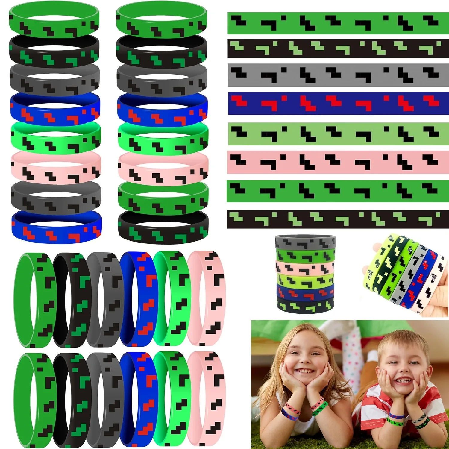 12/240 Uds pulseras de silicona de píxeles tema de minero de píxeles recuerdos de fiesta suministros de fiesta de cumpleaños para niños regalos de aula