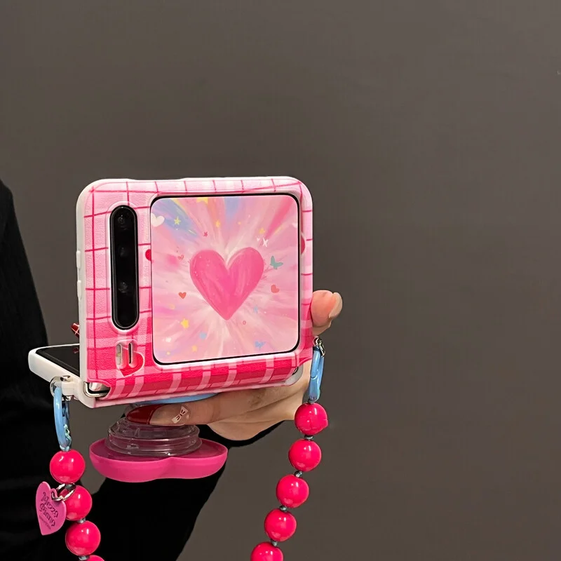 Z Flip7 Case Pink Plaid Gradient Heart Magnetic Stand Leather Phone Case For Samsung Z Flip7 Z Flip6 Z Flip5 Cover & Wrist Chain