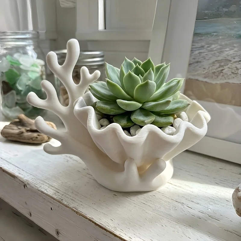 Coral Shell Shaped Succulent Planter White Resin Mini Plant Pot Ocean Style Small Cactus Flower Pot Desktop Decorative Plant