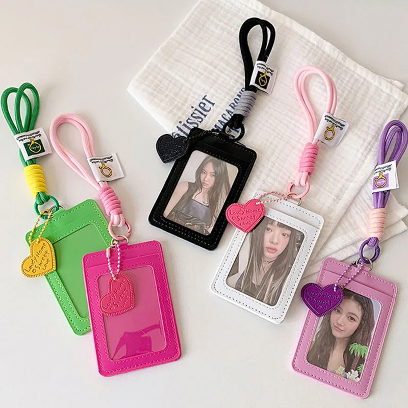 Kpop Photocard ID Card Holder PU Leather Card Cover Strap Heart Pendant Photo Card Protector for Student Bus Bank Card Case Gift