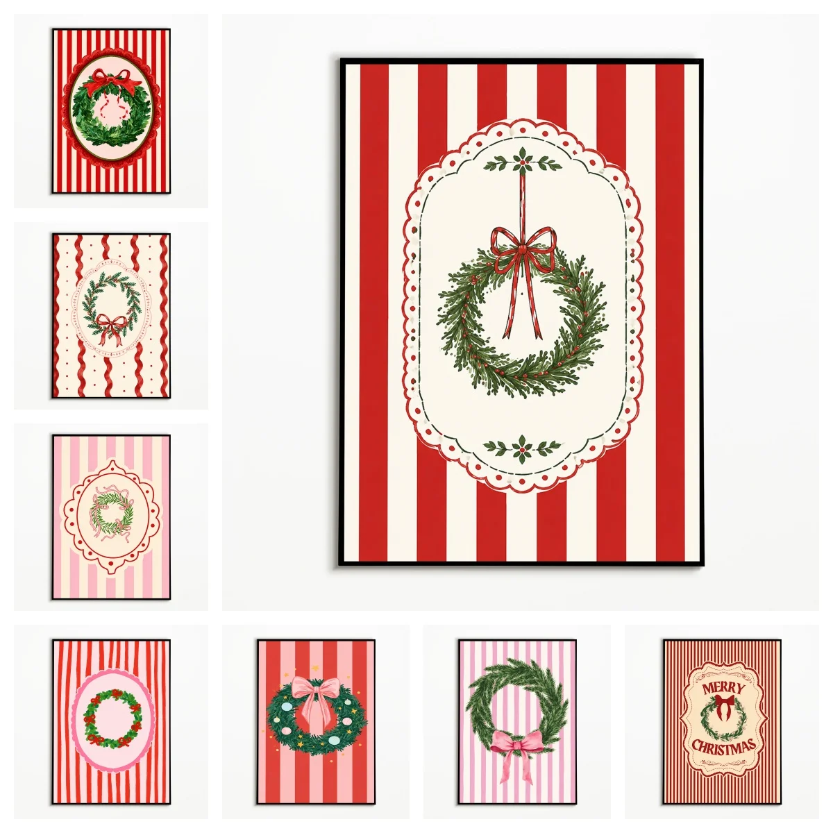 1PC Red Bow Christmas Wreath Poster Winter Retro‑Cute Wall Art  Vintage Canvas Printing Festival Gift Room Wall Decoration