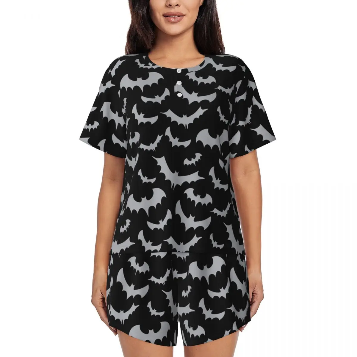 Enchanted Bats In Light Gray On Black Pajamas Set Women's Short Sleeve Goth Occult Witch Sleepwear Loungewear 2 Piece Pjs