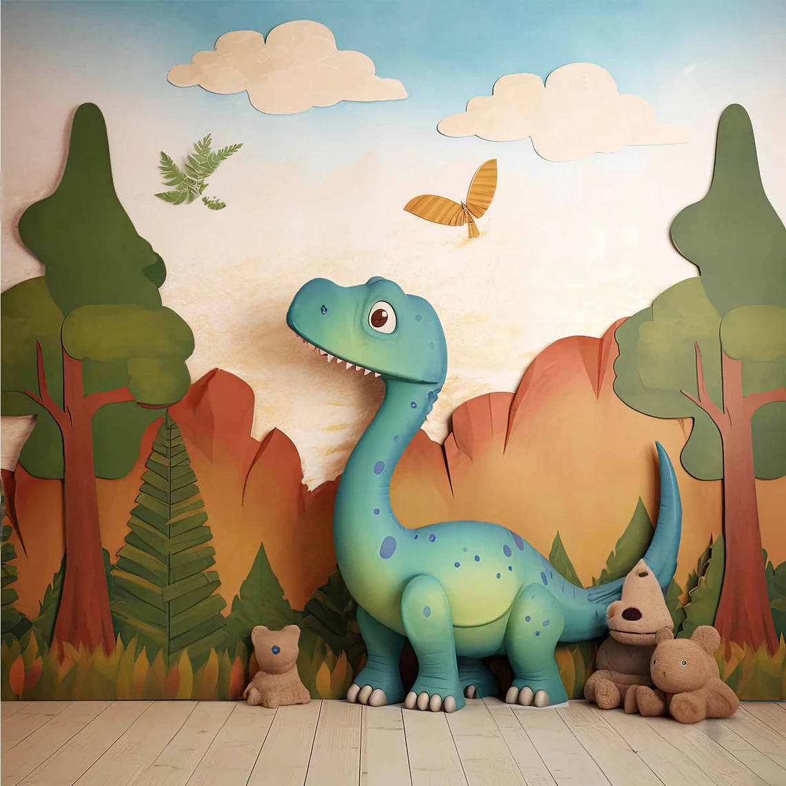 

Dinosaur Childrens Animal tree cloud bird wood backdrops High quality computer print birthday Photography Studio Backgrounds