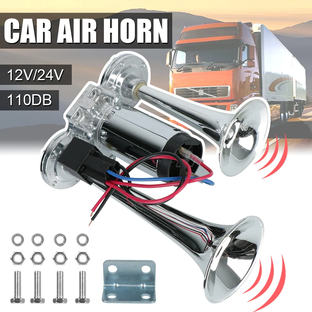 

Car Air Horn Set Dual Trumpets 110dB Electric Speaker 12V/24V Hooter Super Loud with Wires and Relay For Motorcycle Boat Truck