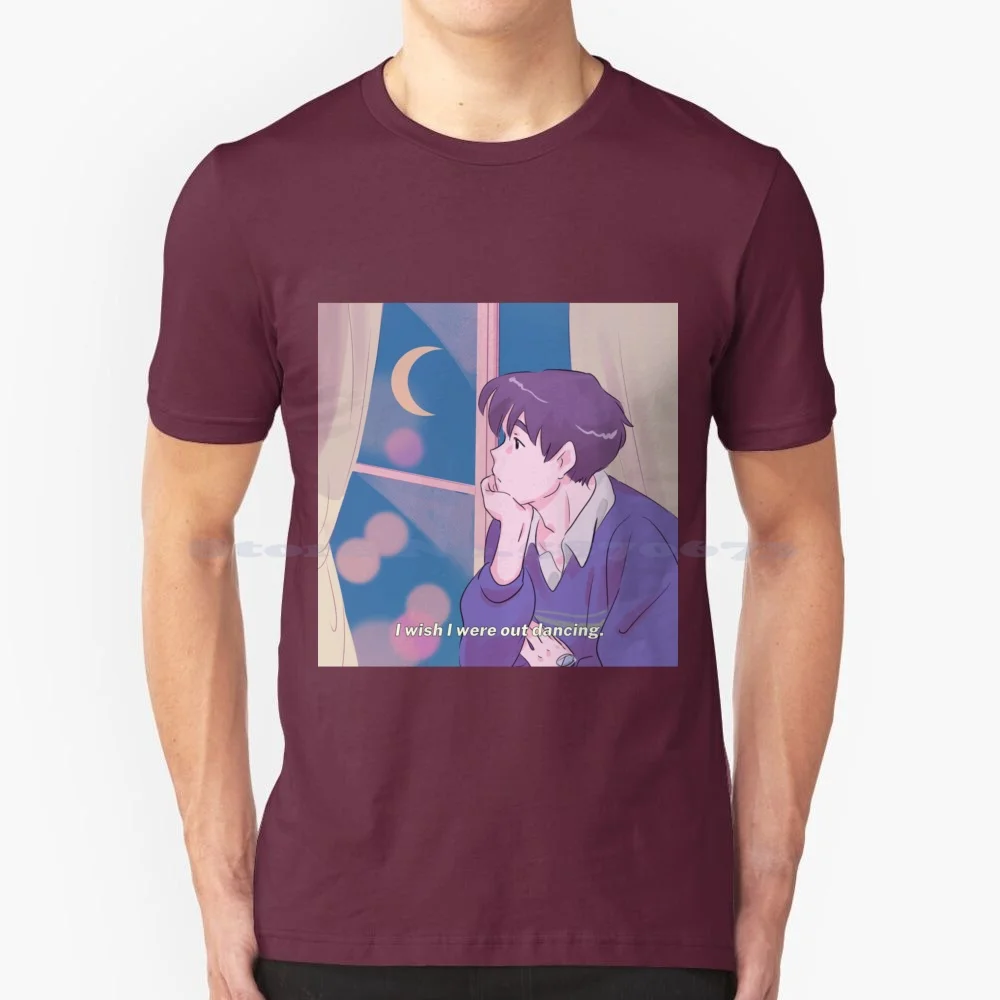 I Wish I Were Out Dancing T Shirt 100% Cotton Tee Wishing Anime Thinking Boy Men Cartoon Pastel Moon Window Looking Purple Fall