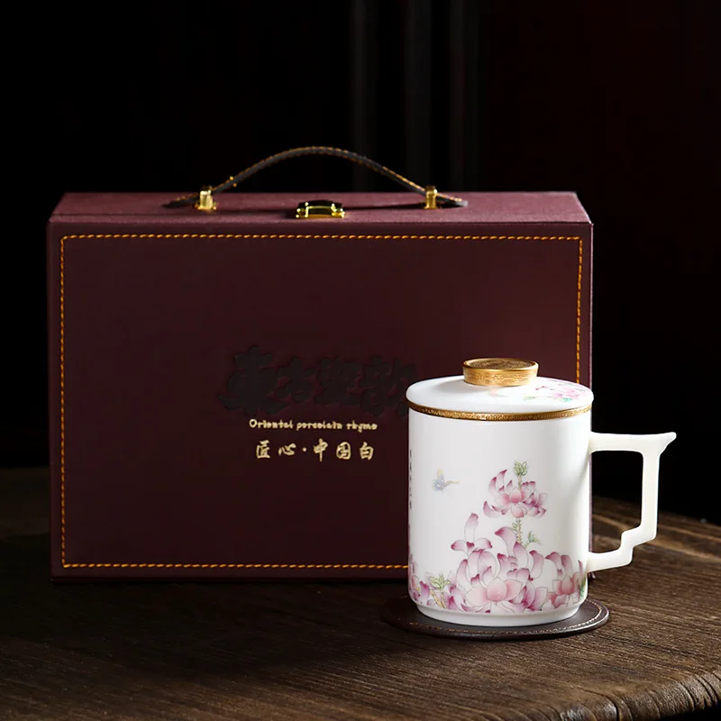 

High-end Office Cup with Lid, Purple Plum Blossom Design, Gold-trimmed Water Cup, Ceramic Sheep Fat Jade Unglazed Mug, Tea and W