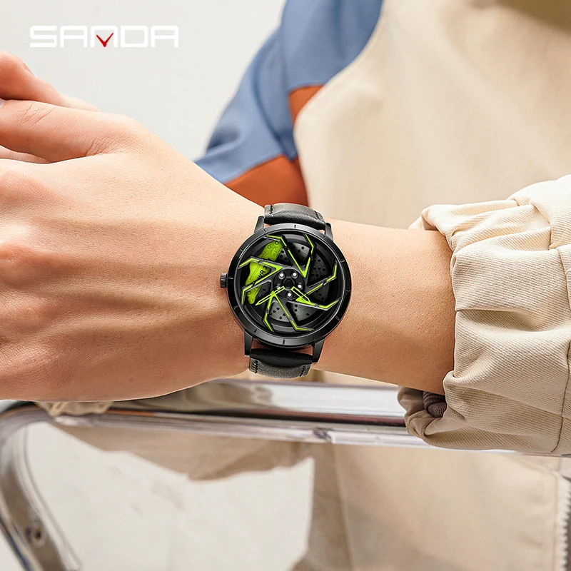 SANDA-Reloj de pulsera de cuarzo para hombre, cronógrafo deportivo de lujo con diseño de esqueleto, correa de cuero, analógico, militar, rueda de llanta de coche, creativo, 1088