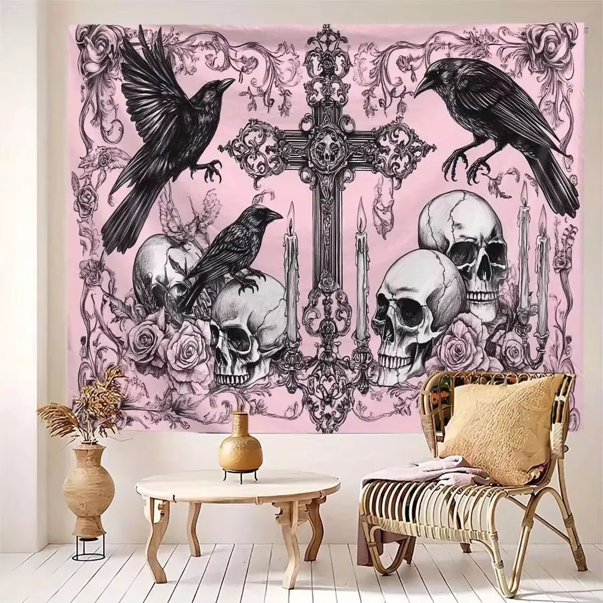 1PC GothicStyle Tapestry  Pink & Black Contrast Design Featuring Crows And Skulls; Themed Wall Art Decor For Bedrooms Sui
