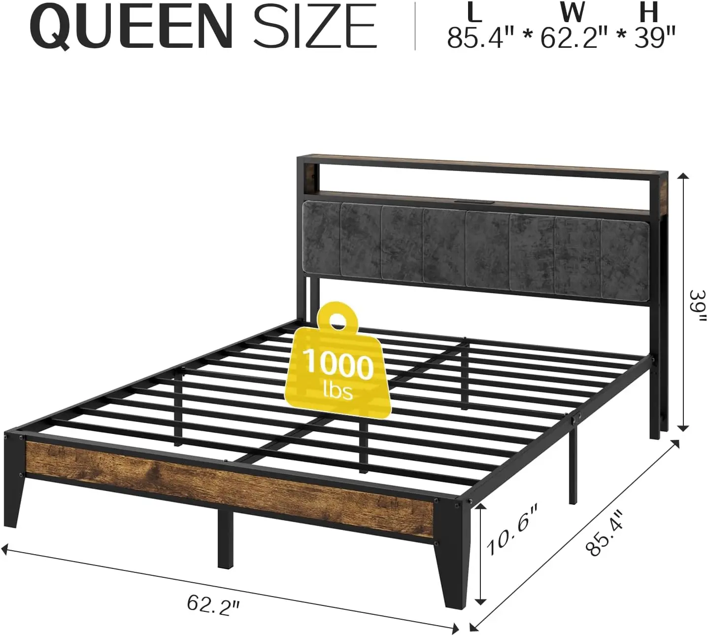 Queen Bed Frame Metal Platform Bed Queen Size with 2-Tier Storage & LED Light Headboard, Charging Station Type C, No Box Spring