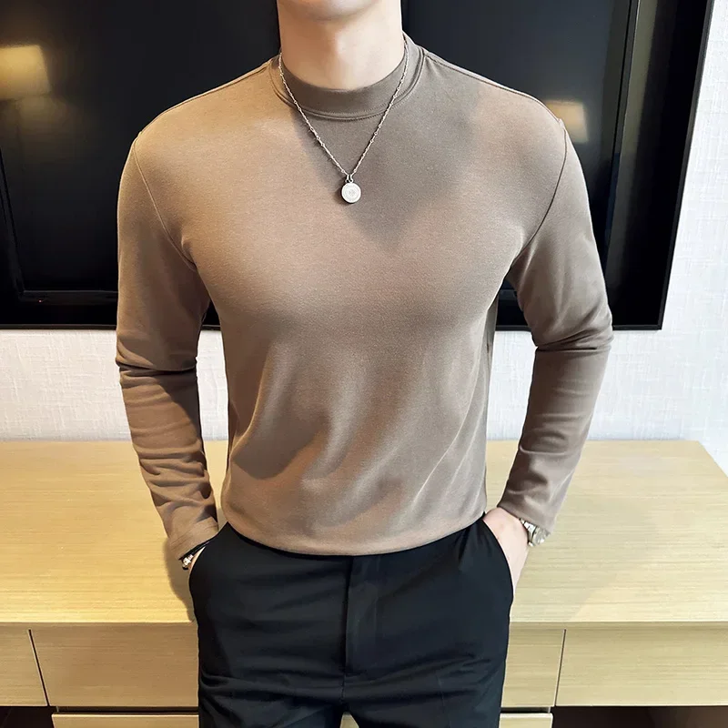 Autumn Winter Cotton Elastic T-shirt for Men Long Sleeved Slim Fit Round Collar Men Tops Tee Plus Size Solid Camisetas De Hombre