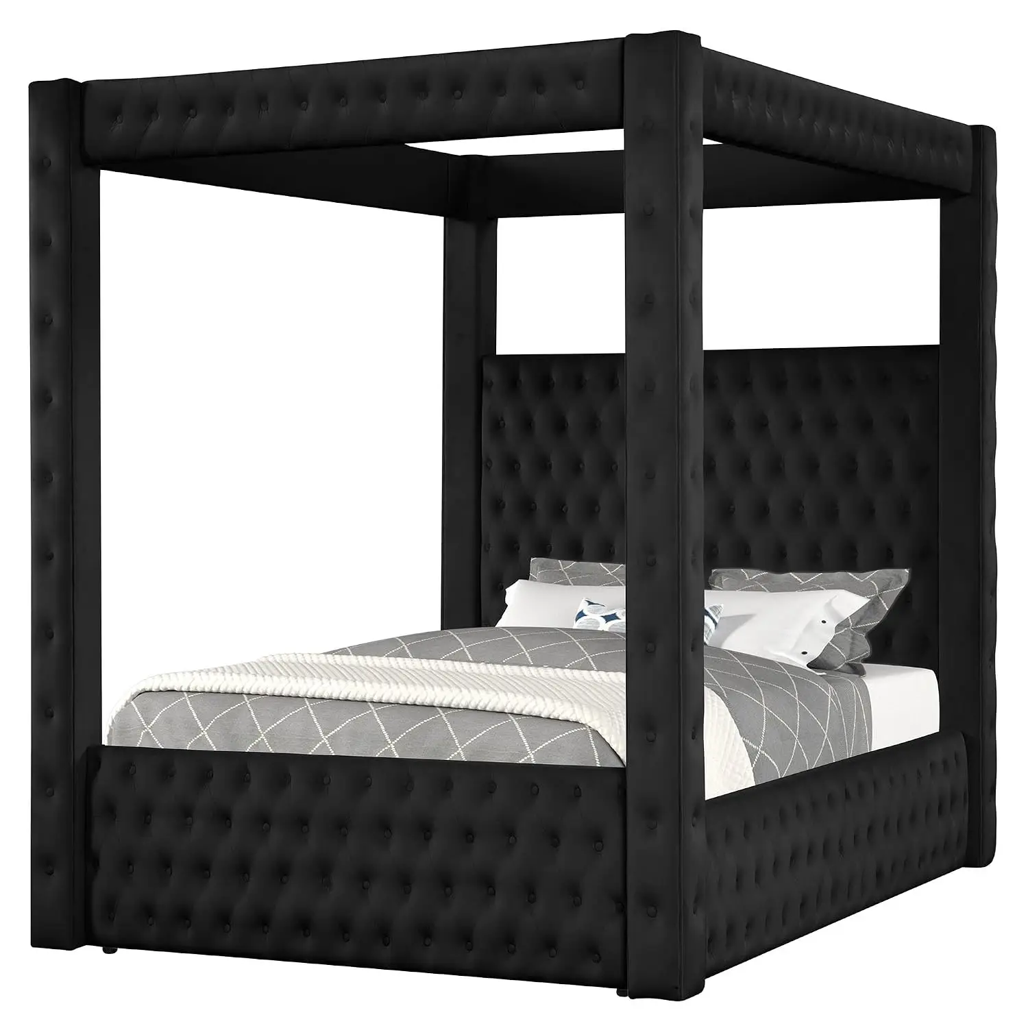 Velvet Four Poster Bed Frame, Upholstered Canopy Bed Frame with Exquisite Button Tufted Design and Tall Headboard, Luxury Bed