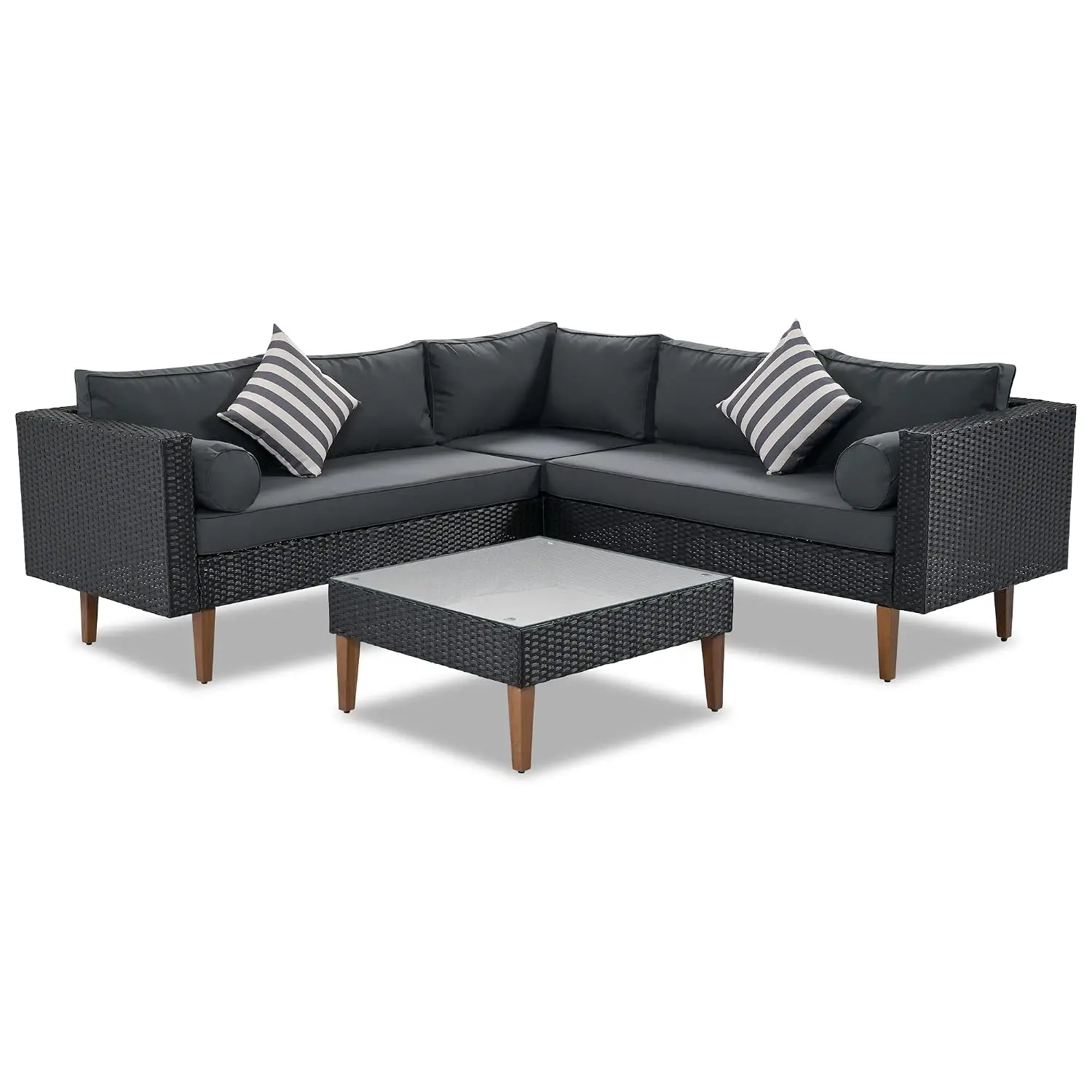 4-Piece Wicker Patio Sofa Set with Colorful Pillows & Glass Table for Backyard Porch Outdoor, Customized