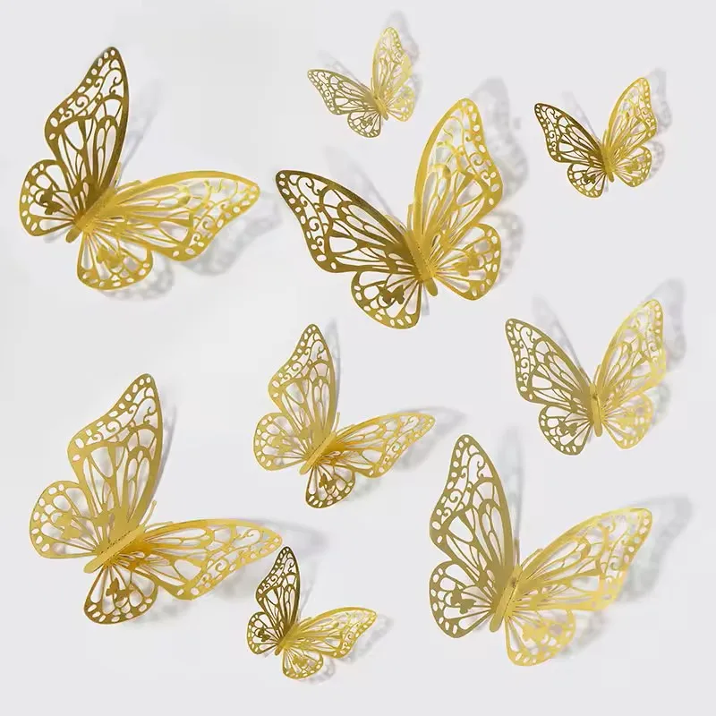 12pcs 3D WaterProof Sparkly Butterfly Hollow Wall Stickers Decorations Art for Birthday Party Cake Bedroom Wedding Kids Room DIY