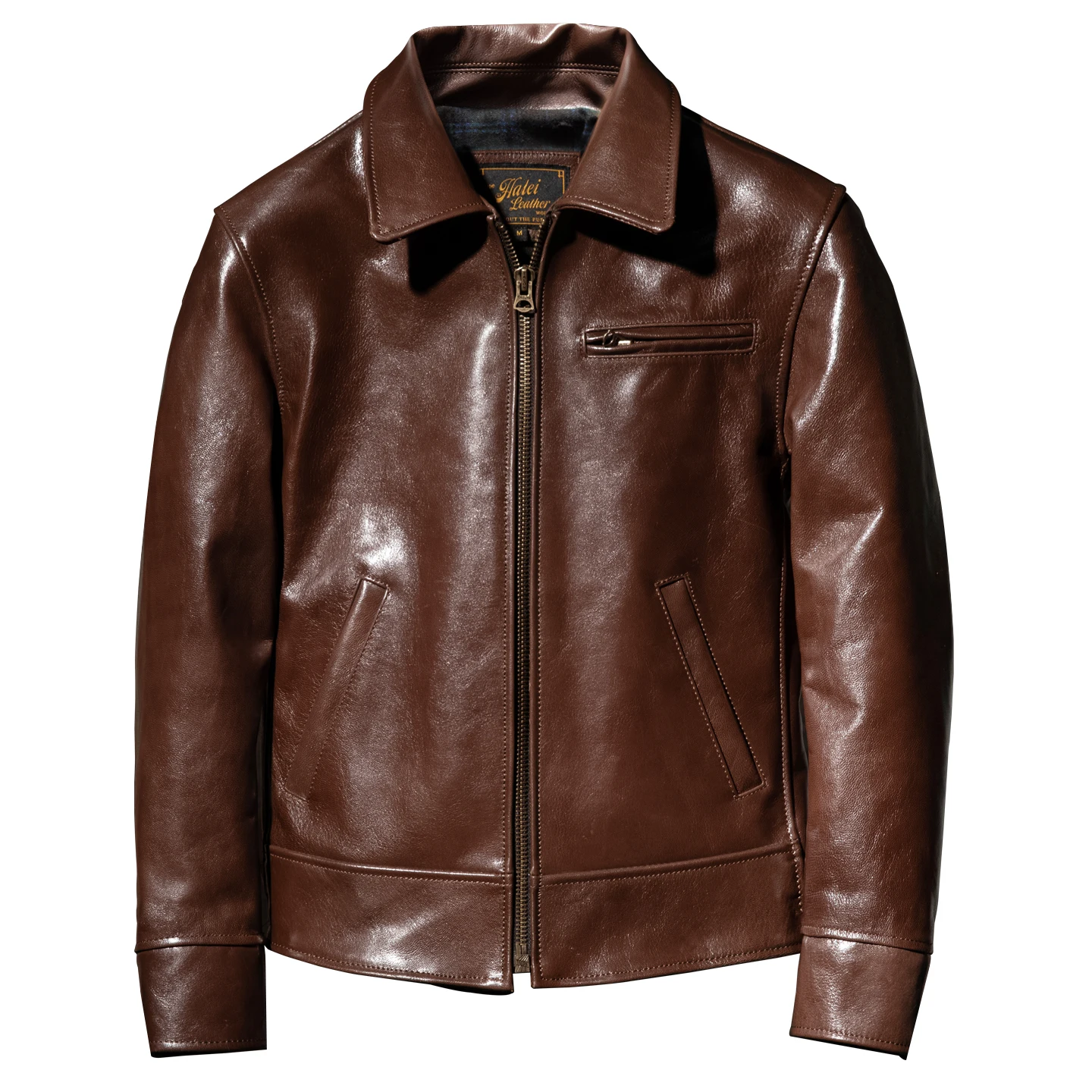 Men's Genuine Leather Single Rider Jacket Chestnut Brown Glossy Spread Collar Chest Zip Pocket Slim Biker Coat Vintage Style