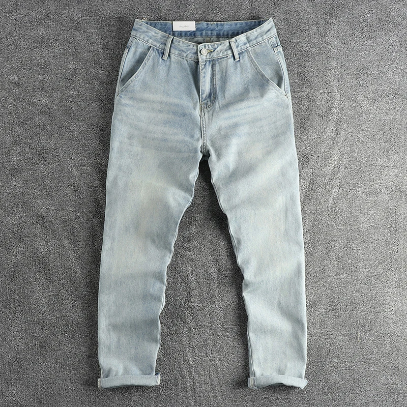 

Retro Light Blue Washed out Jeans Men's Slim Straight Versatile Trendy Long Pants Wear Resistant Stone Washed Straight Leg Jeans