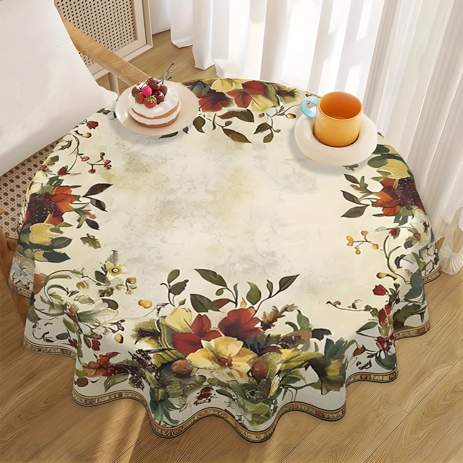 One vintage floral tablecloth, circular shape, 100% polyester, - elegant yellow