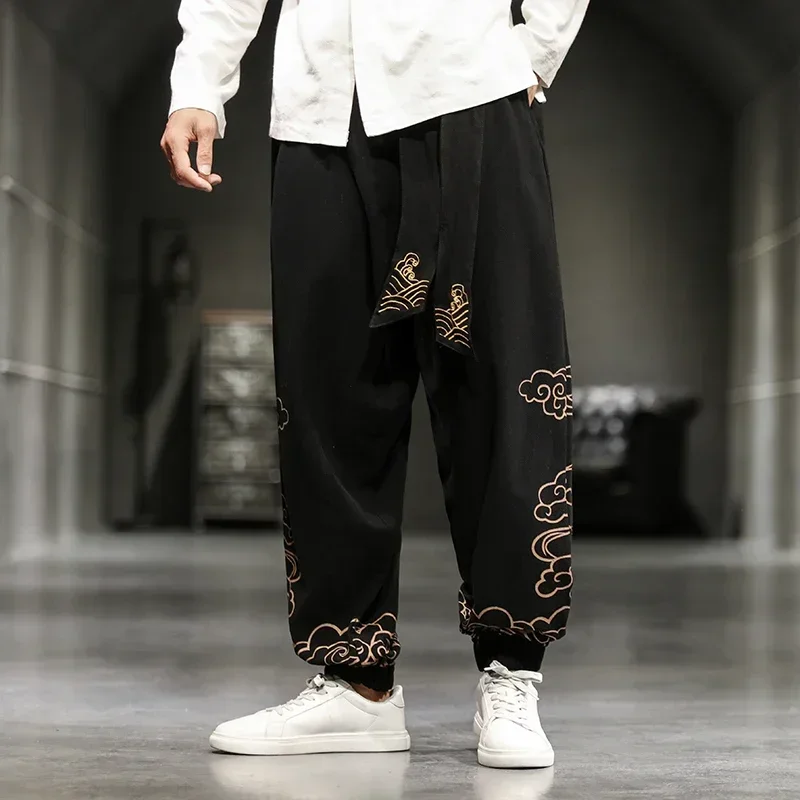 Chinese Style Retro Auspicious Clouds Print Pants Men Clothing Autumn Fashion Clothes Loose Casual Hemp Harem Pants