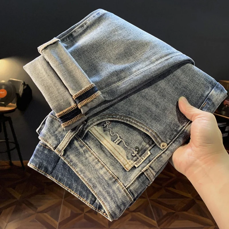 New Light Sand Wash Slim Stretch Tapered Pipe Harem Blue Jeans for Men, Trendy Summer Daily Denim Pants