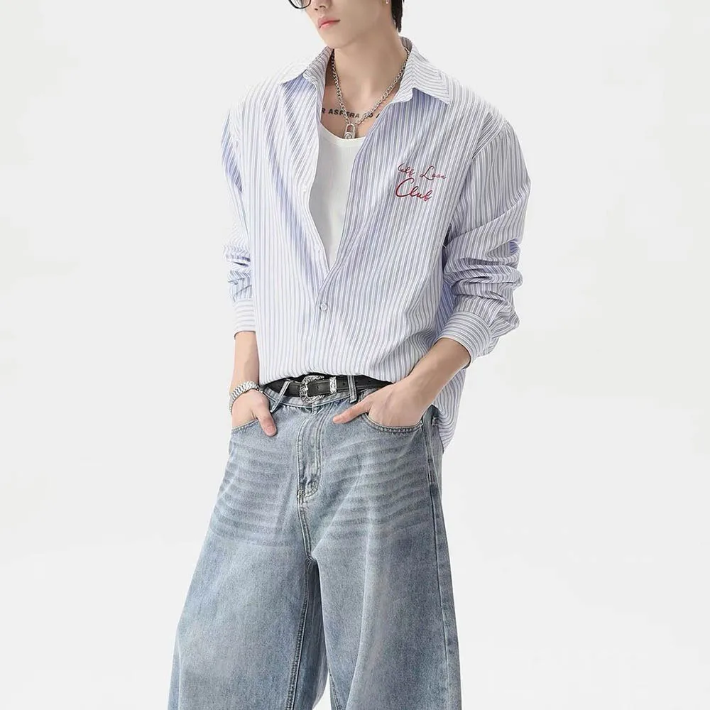 

Осенняя новая мужская рубашка с длинными рукавами в вертикальную полоску, американская ретро-мода, уличный хип-хоп, свободные повседневные простые мужские топы 2025