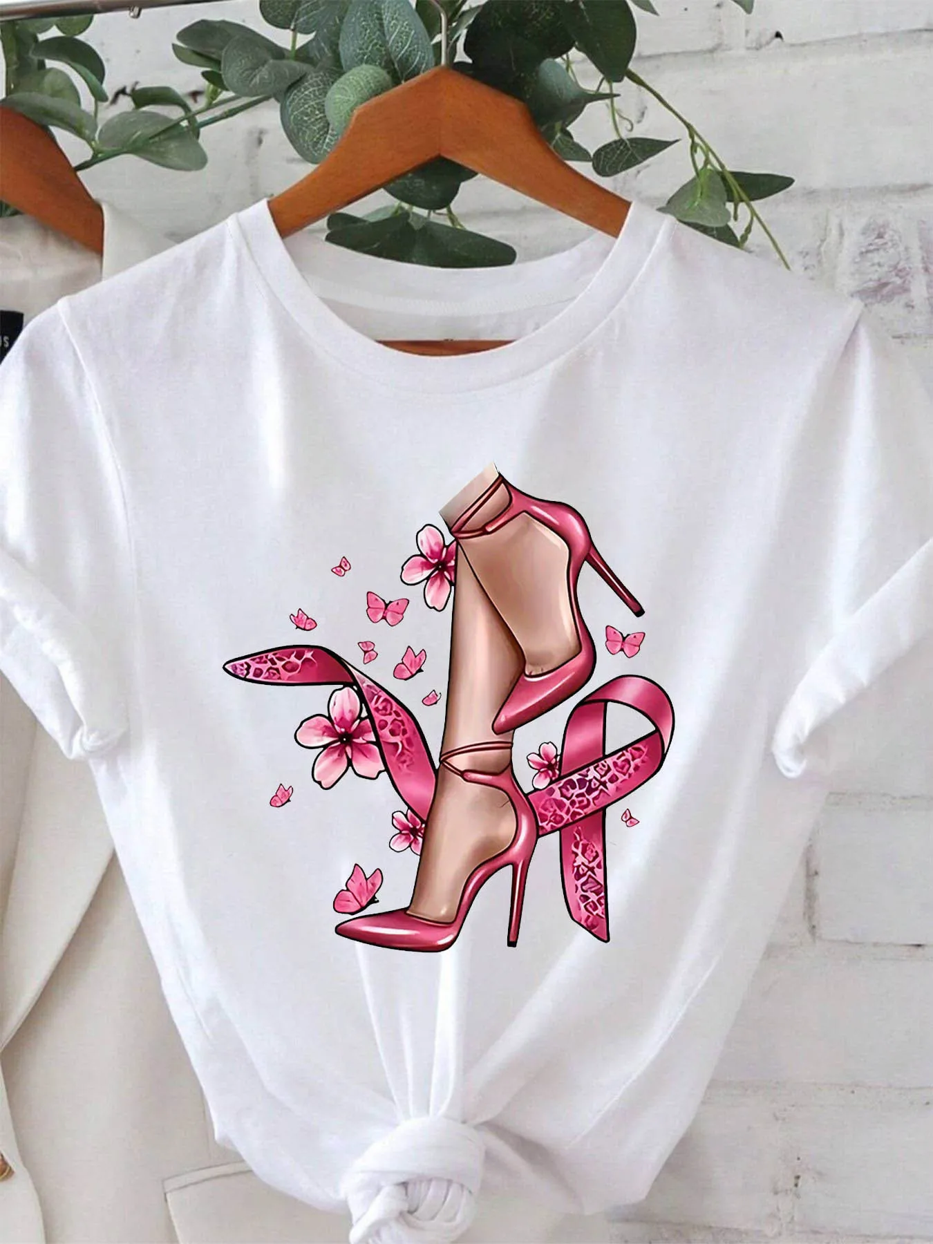 

Women'S Pink Tie-Dye Breast Cancer Awareness T-Shirt with Pink Bow Floral Print Summer Sleeved Harajuku Streetwear Tops Tees