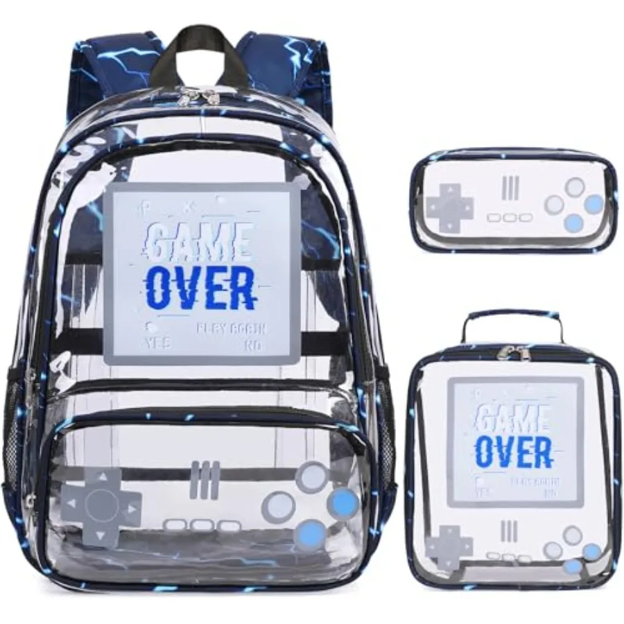 

Clear Backpack for Boys, Clear Gamer School Backpack Heavy Duty with Lunch Bag and Pencil Case, Transparent See Through Bookbag