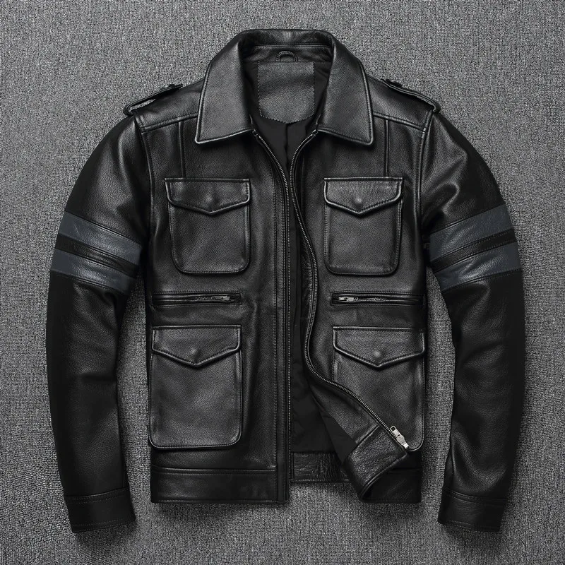 2026 Men's Leather Jacket Black Top Layer Cowhide Coat Vintage Lapel Motorcycle Jacket Classic Men's Leather M65