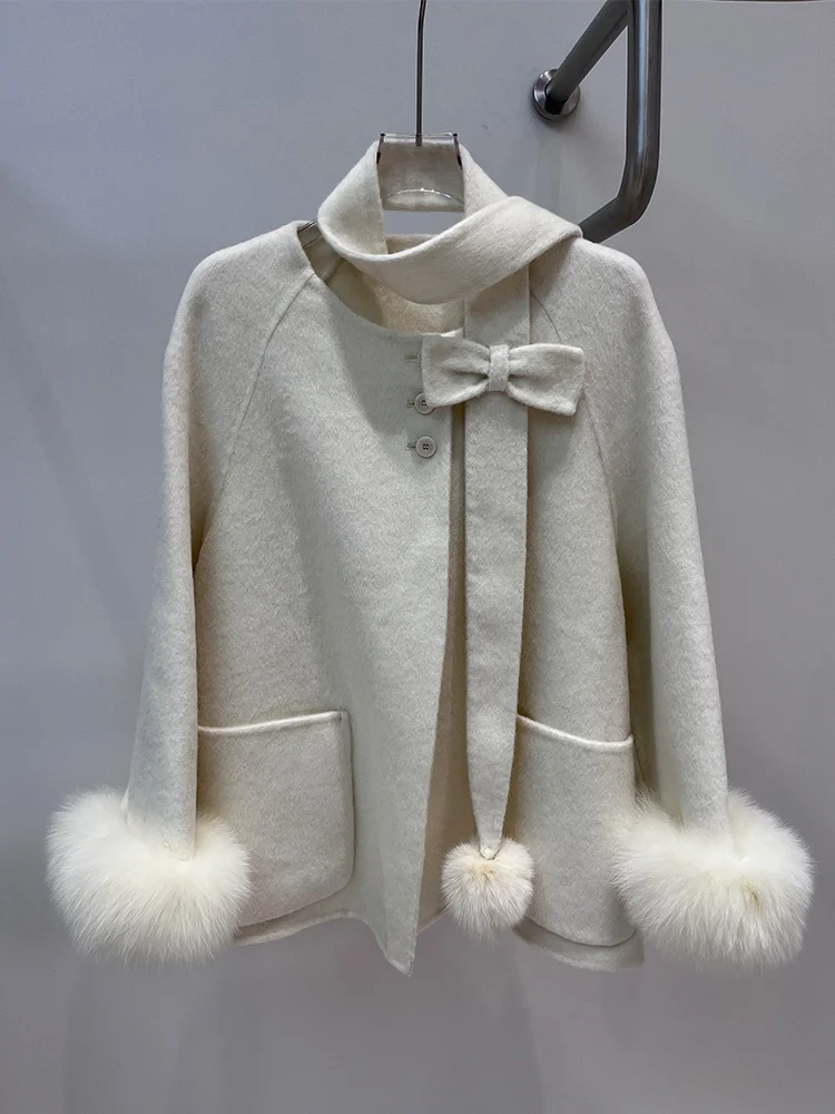 2025 Winter Warm Natuurlijk Echt Bont Vossenbont Manchetten Jas Kasjmier Warme Wollen Wollen Vrouwen Jas Uitloper Vrouwelijke Jas