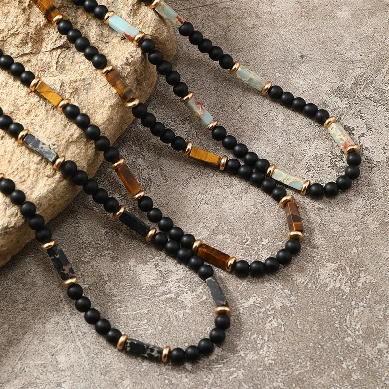 Hip Hop Black Matted Beads Strand Necklace for Men Tiger Eye Stone Choker Collar Simple Jewelry on The Neck Boy Party Gift