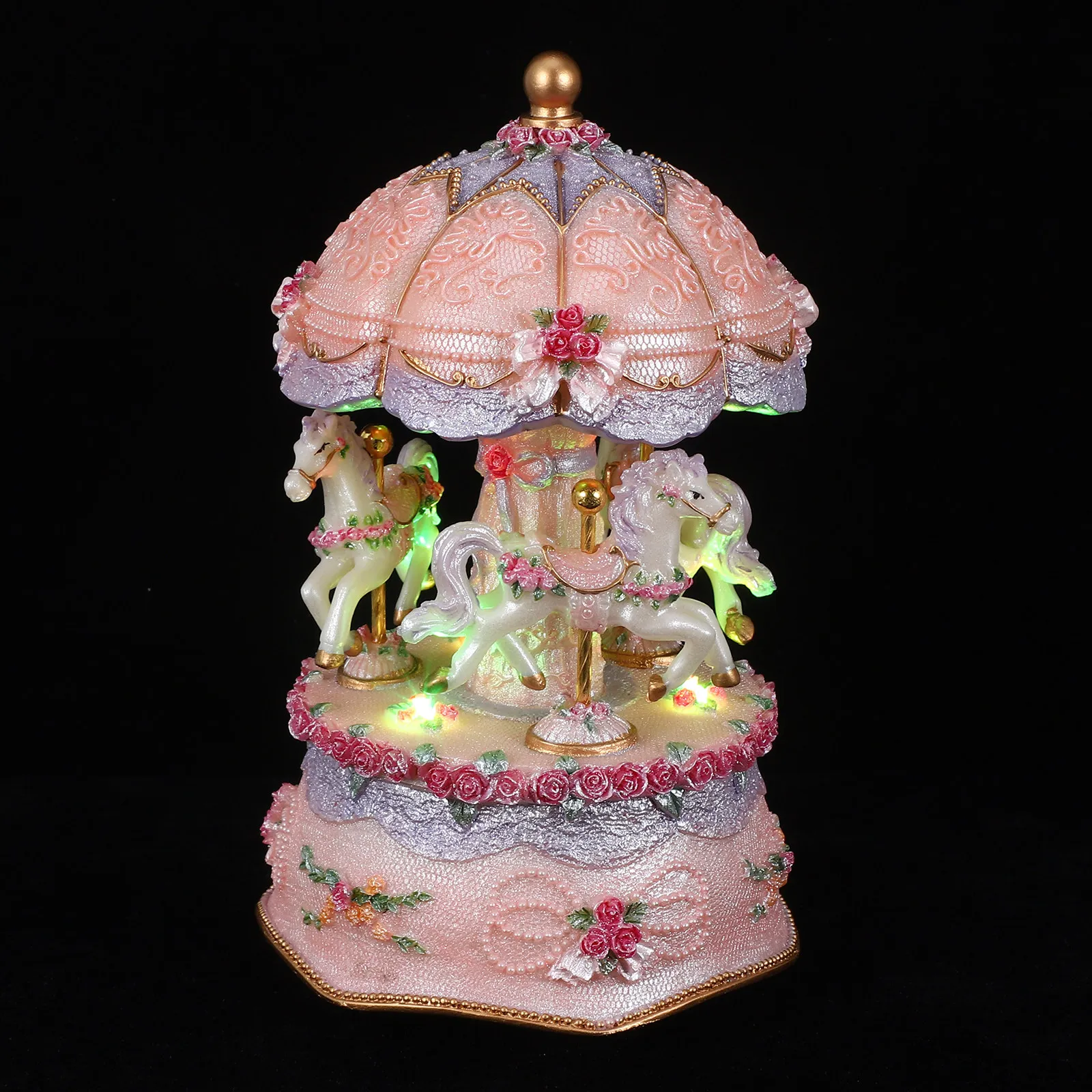 Luminous 3-Horse Carousel Music Box Vintage Style Rotating Resin Design with LED Lights Wind Up Movement for Birthday Christmas