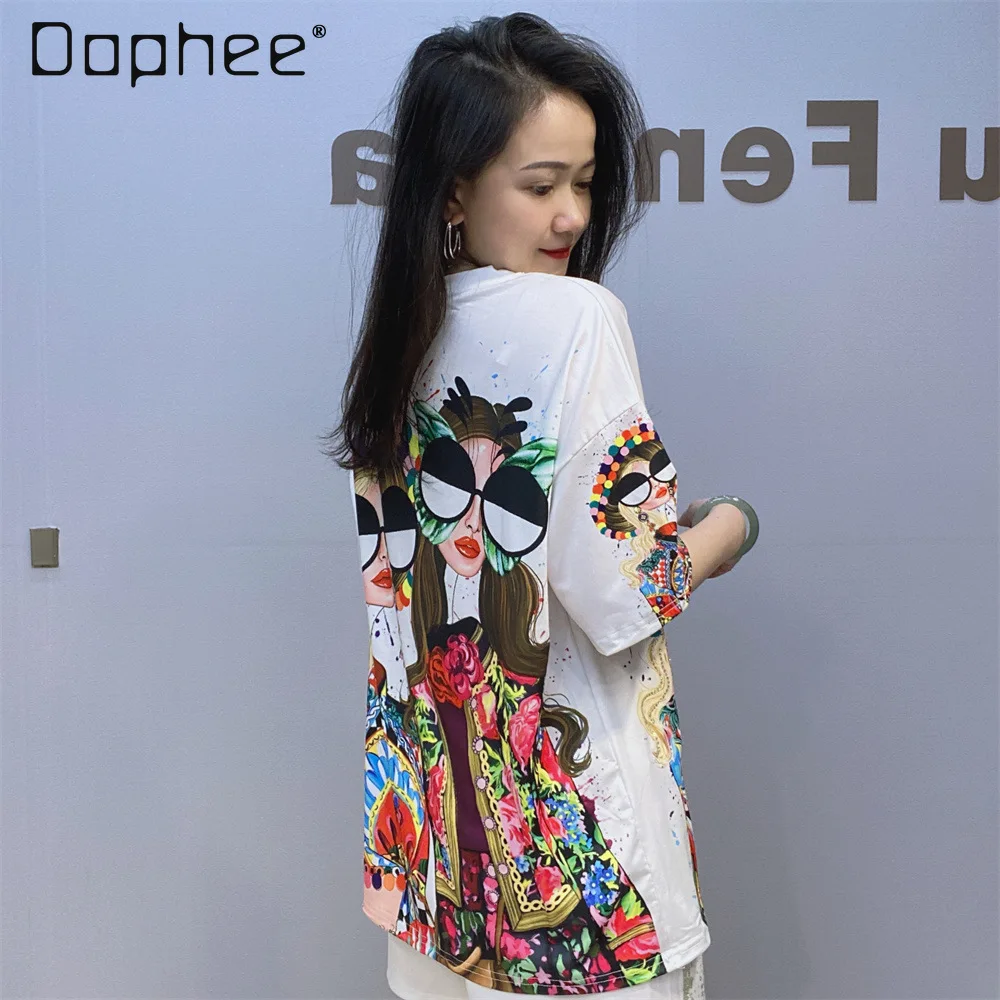 

2026 New Summer Tee Cartoon Printed Casual Black Top Heavy Industry Beads Rhinestone Round Neck Short Sleeve T-shirt Women