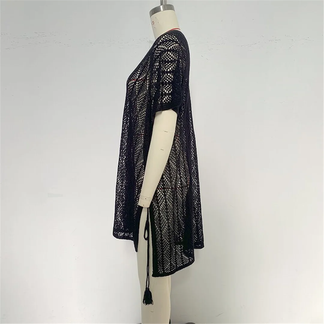 Neues, kurzärmeliges, einfarbiges, gehäkeltes Strick-Tunika-Strandkleid mit V-Ausschnitt, Strandkleid, Strandmode, Damenmode, K8580 – Detail 13