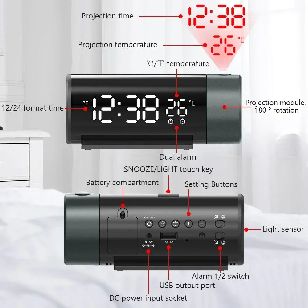 180° Alarm Bedroom Backlight Automatic Electronic Projector Time Projection Table Rotation Watch Bedside Clock Digital