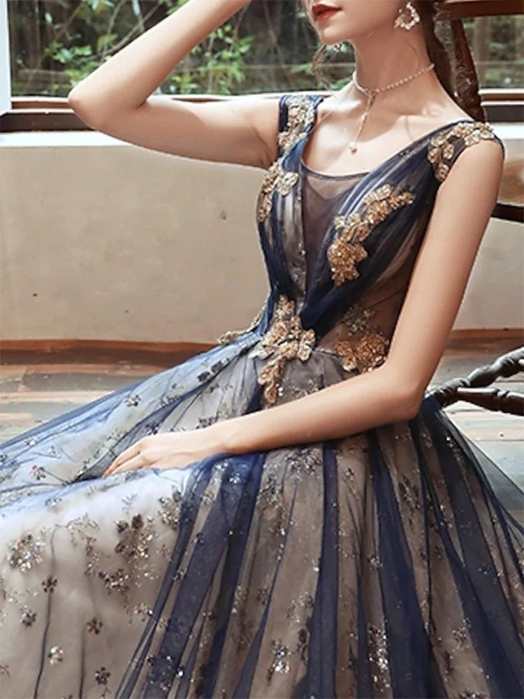 Robe de soirée formelle scintillante A-ligne, paillettes d'organza, longueur au sol, col rond en fibre, robes de Rh, quoi que ce soit