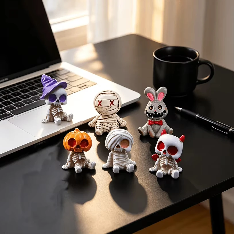 6pcs Halloween Resin Skeleton Mummy Figurines Mini Statues for DIY Micro Landscape Bonsai Car Desk Decor