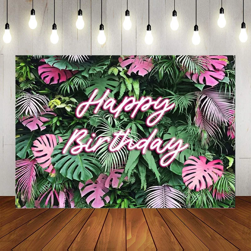 

Summer Tropical Happy Birthday Backdrop Hawaiian Neon Photographic Background Party Jungle Green Leaves Banner Photo Props