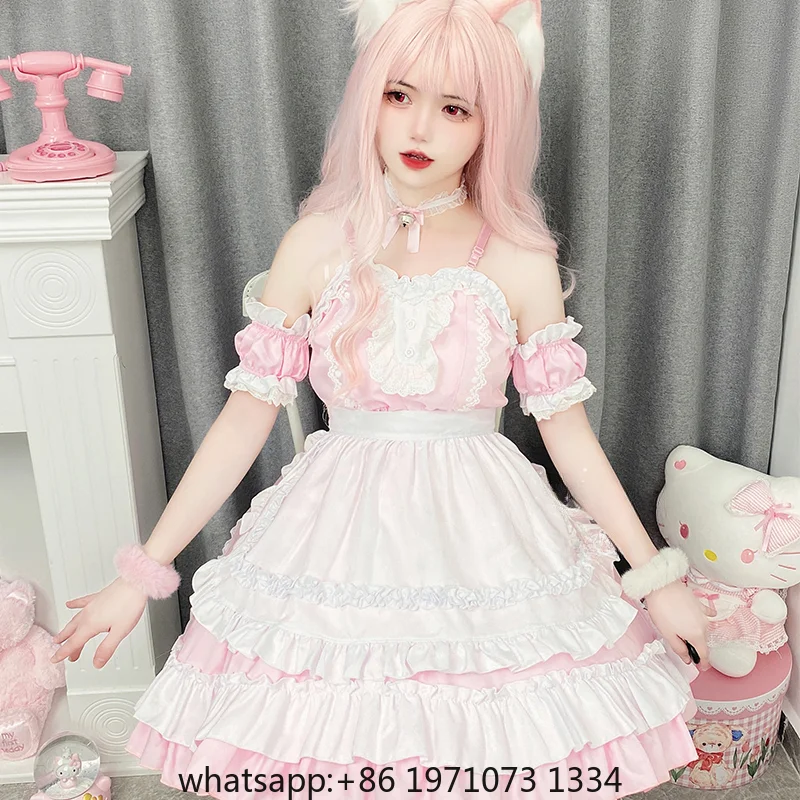 Japanese Sweet Lolita Dress Anime Cat Girl Plus Size Maid Halloween Cosplay Costume Pink Ruffles Kawaii Princess Party Dresses
