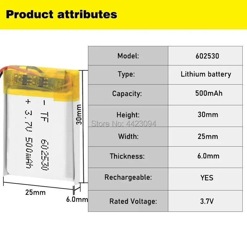 Rechargeable 3.7V 500mAh 602530 Battery Li-Po Polymer cells Lithium li-ion Lipo Battery For MP3 MP4 Smart Watch Reading Pen