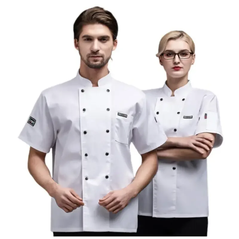 Unisex Chef Coat แขนสั้น Chef Jacket สําหรับผู้ชายผู้หญิงสีดําสีขาวชุดร้านอาหารห้องครัวทําอาหารเสื้อผ้าทํางาน