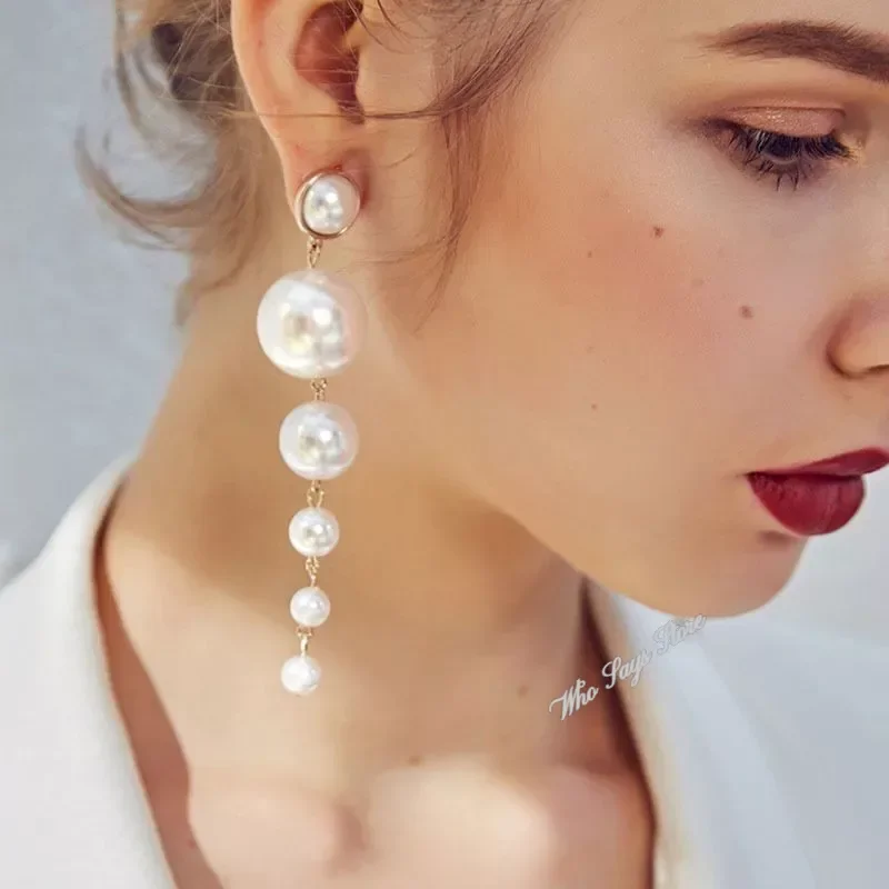 Trendy Elegant Created Big Simulated Pearl Long Earrings Pearls String Statement Clip on Earrings for Women Wedding серьги 귀걸이