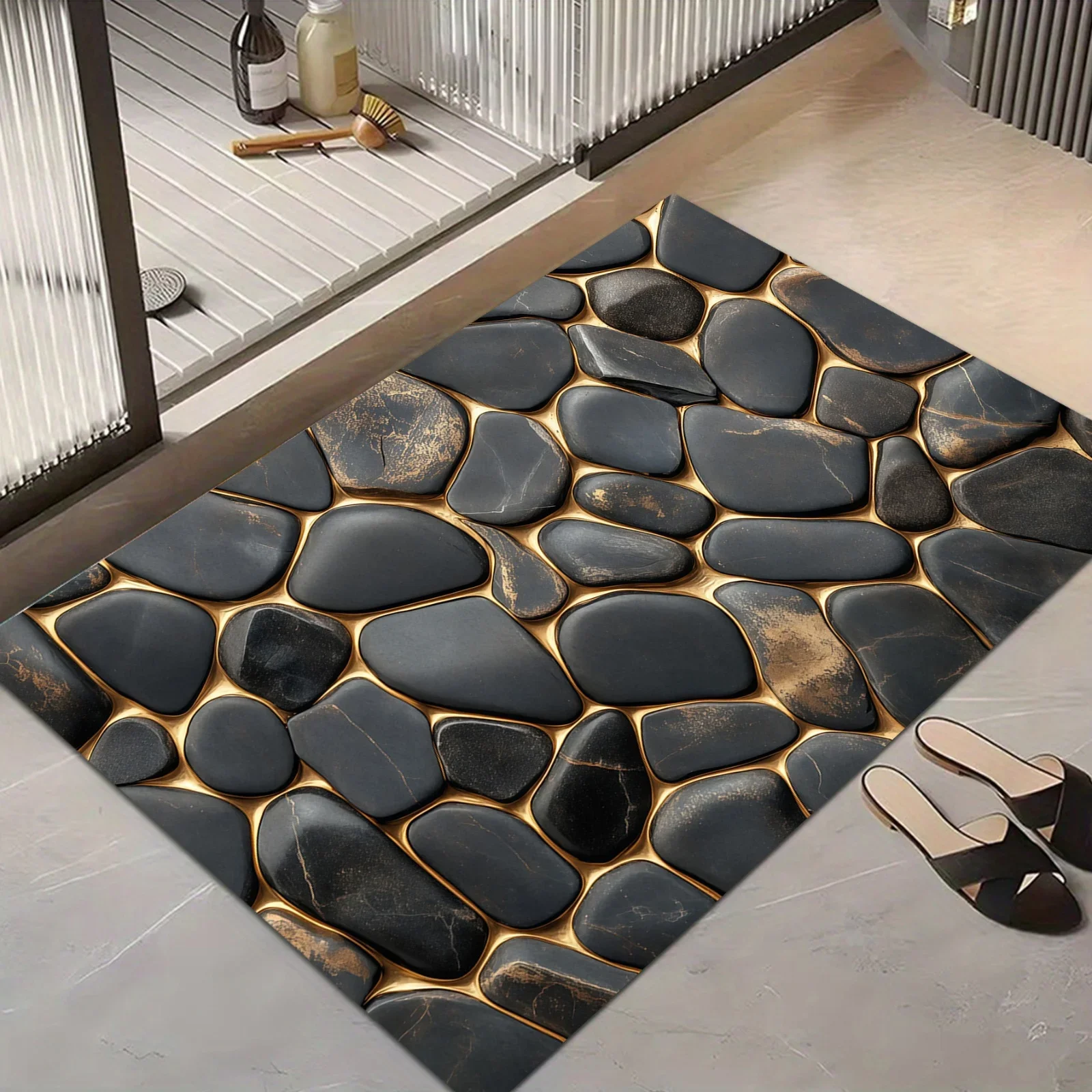Luxury Black Gold Pebble Flannel Rug Non-slip Soft Floor Mat for Bathroom Living Room Bedroom Home Decor Carpet