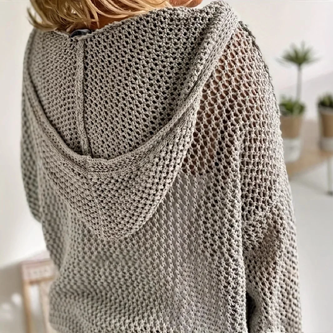 European and American Foreign Trade Women's Clothing Hooded Loose Long-sleeved Hollow Knitted Sweater Cw64726